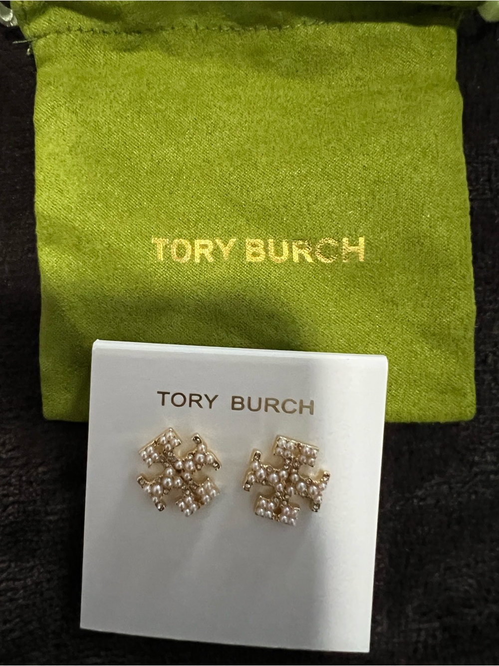 Tory Burch Gold Logo Stud Earrings with Pearl Accents